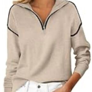 Anabess Cream and Black V-Neck Women's Sweater